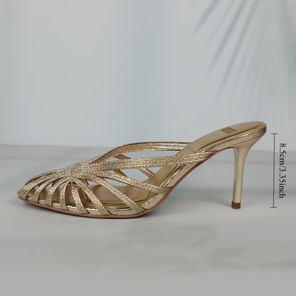 Luxury New Gold Hollow Thin Strip Heels Women Pointed Toe Mules Office Lady Pumps Summer Stiletto S 5