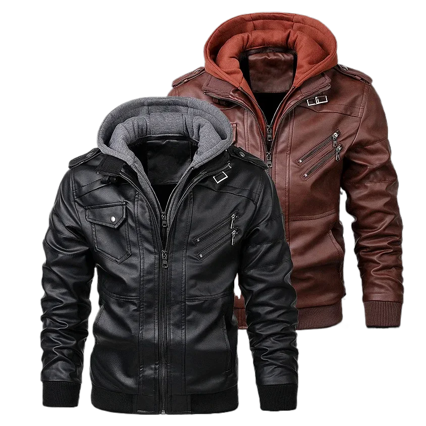 Mens Vintage Faux Leather Motorcycle Jacket, with Removable Hood, Camouflage Lining, Windproof Bomber Coat, Casual Styl