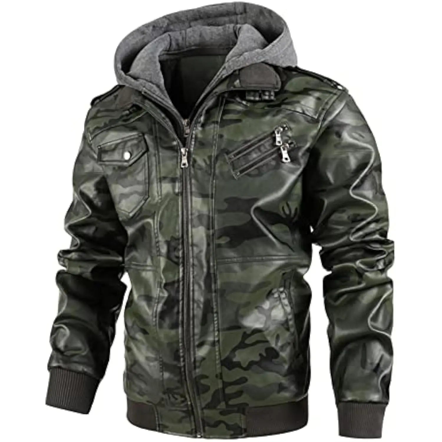 Mens Vintage Faux Leather Motorcycle Jacket, with Removable Hood, Camouflage Lining, Windproof Bomber Coat, Casual Styl