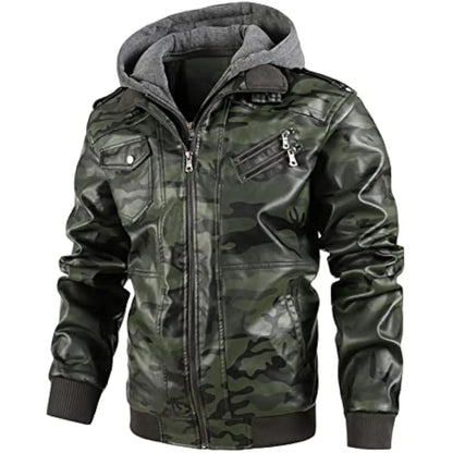 Mens Vintage Faux Leather Motorcycle Jacket, with Removable Hood, Camouflage Lining, Windproof Bomber Coat, Casual Styl