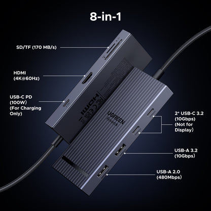 8-in-1 USB HUB Type C to 4K60Hz HDMI, USB3.2 10Gbps USB A/C, SD & TF Card Reader, MacBook & Laptop Docking Tool