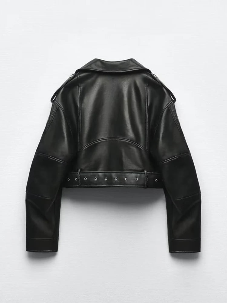 Womens Vintage Moto Jacket, Oversized Faux Leather Biker Coat, with Belt and Zipper, Streetwear Outwear