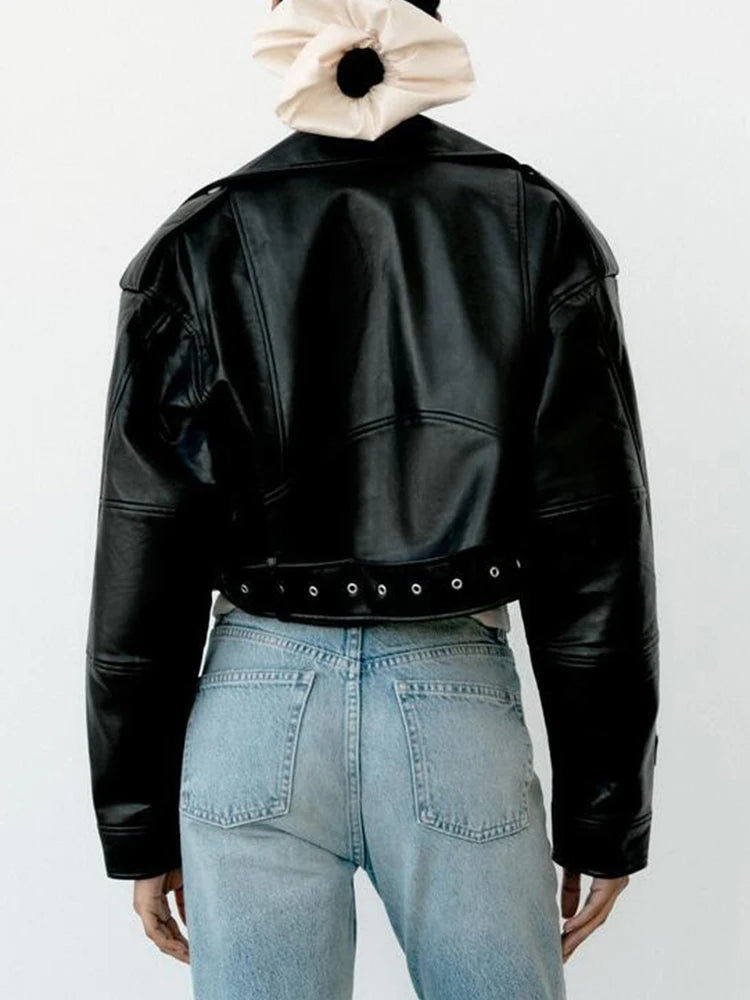 Womens Vintage Moto Jacket, Oversized Faux Leather Biker Coat, with Belt and Zipper, Streetwear Outwear