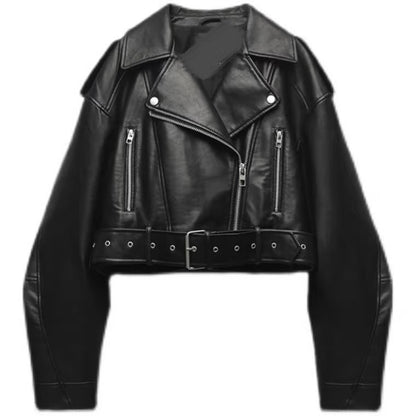 Womens Vintage Moto Jacket, Oversized Faux Leather Biker Coat, with Belt and Zipper, Streetwear Outwear