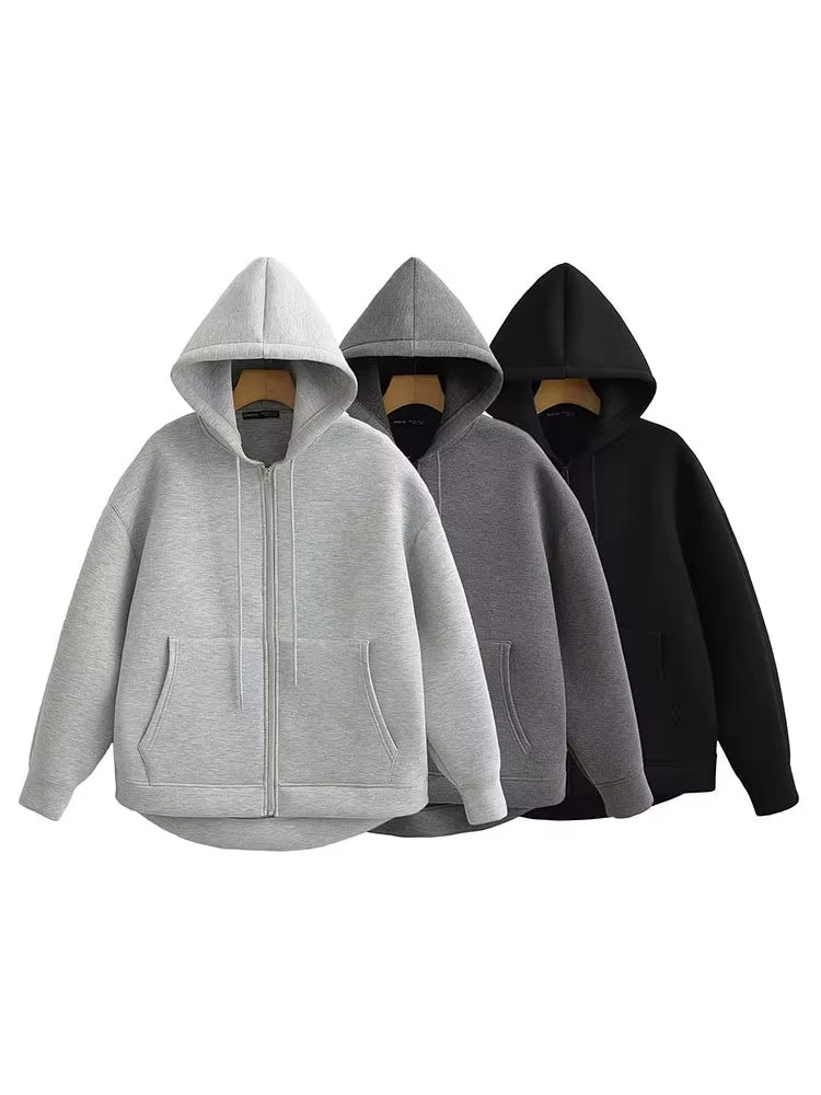 Winter Womens Oversized Hoodie Coat, High Street Zipper Jacket, Loose Fit Sweatshirt with Double Pockets, Outerwear Top