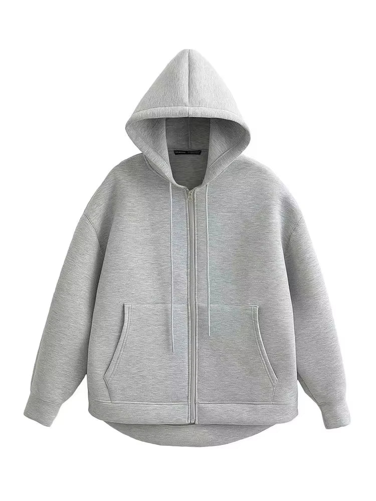 Winter Womens Oversized Hoodie Coat, High Street Zipper Jacket, Loose Fit Sweatshirt with Double Pockets, Outerwear Top