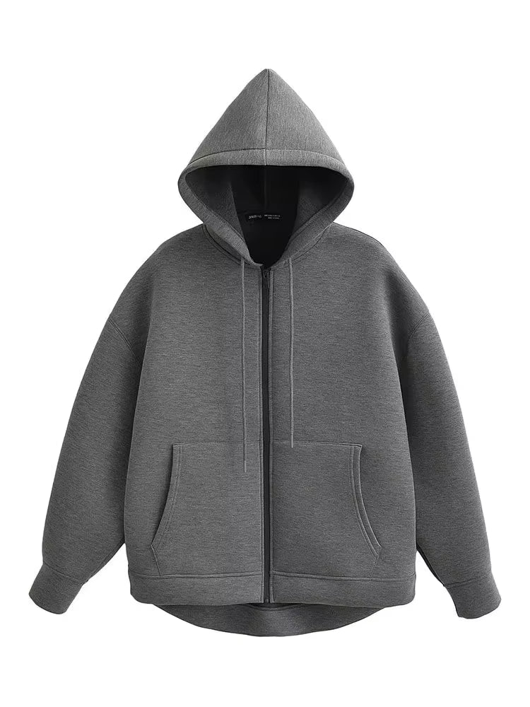 Winter Womens Oversized Hoodie Coat, High Street Zipper Jacket, Loose Fit Sweatshirt with Double Pockets, Outerwear Top