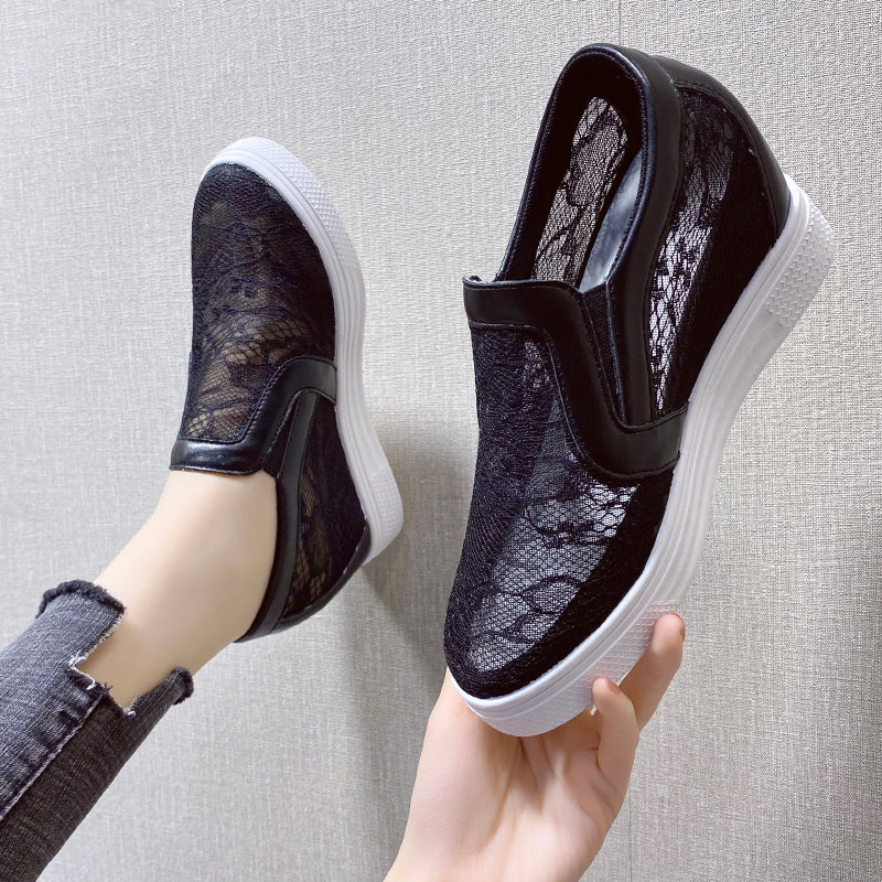 Women Wedge Platform Sneakers White Creepers, Rubber Leather Lace Up Pointed Toe High Heel Height Increasing Shoes