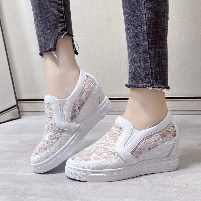 Women Wedge Platform Sneakers White Creepers Rubber Leather Lace Up Pointed Toe High Heel Height In 5