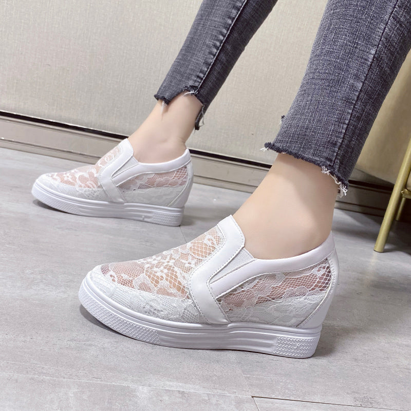 Women Wedge Platform Sneakers White Creepers Rubber Leather Lace Up Pointed Toe High Heel Height In 2