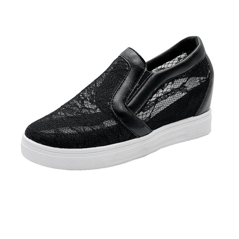 Women Wedge Platform Sneakers White Creepers Rubber Leather Lace Up Pointed Toe High Heel Height In 6