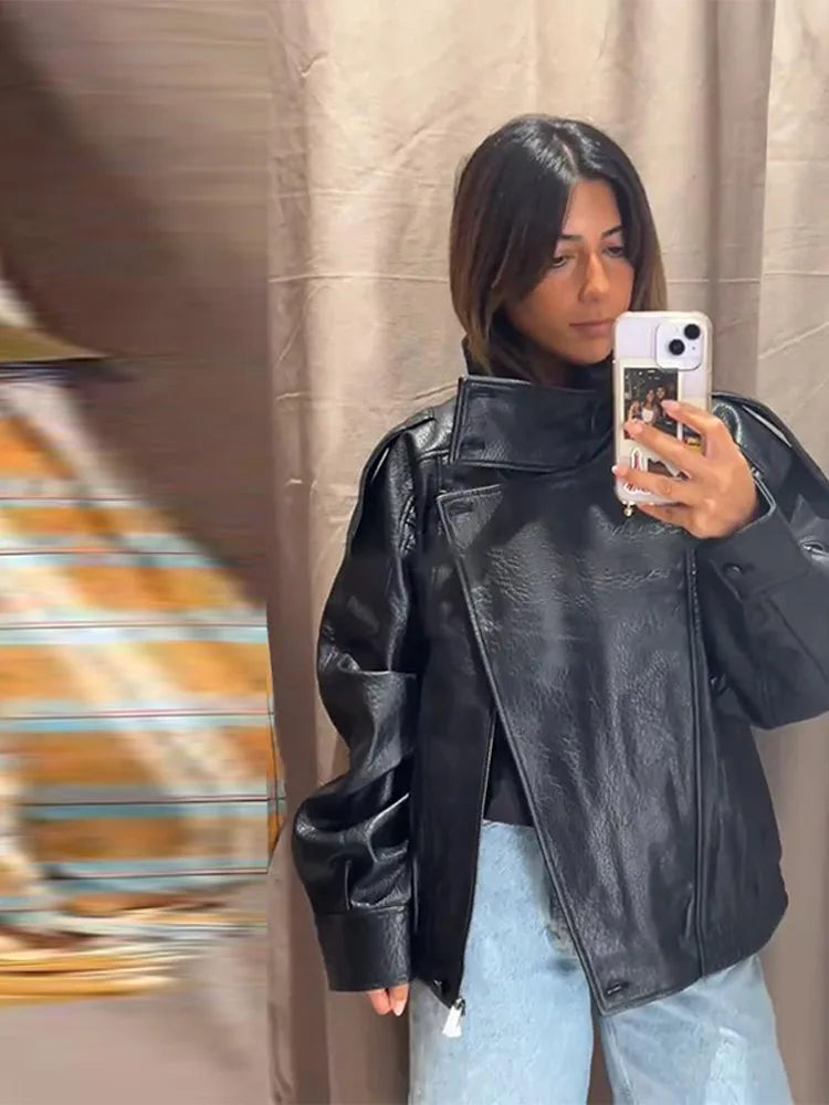 Women's Black PU Leather Jacket, Stand Collar, Asymmetric Front, Elastic Hem, Casual Cropped Outerwear