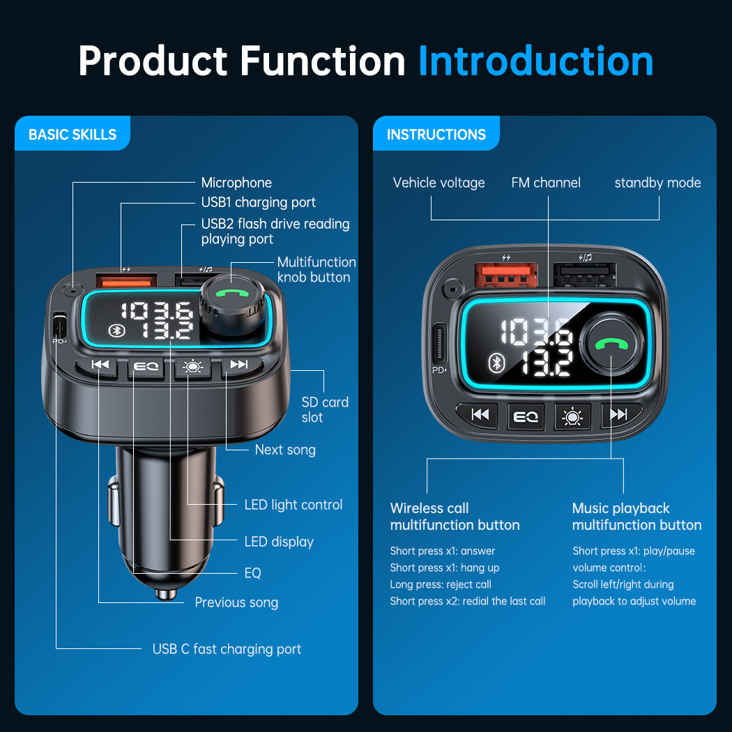 Bluetooth 5.3 FM Transmitter Car Adapter, 30W USB C Car Charger, Wireless Radio MP3 Player Hands Free Calling