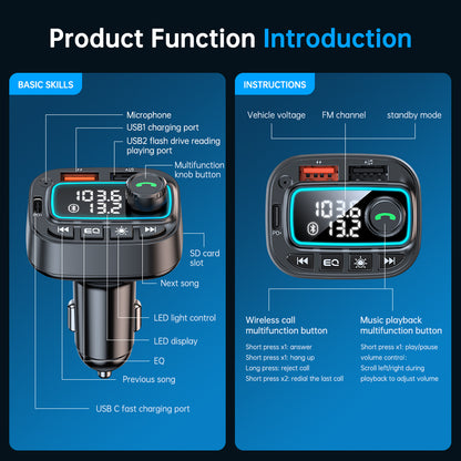 Bluetooth 5.3 FM Transmitter Car Adapter, 30W USB C Car Charger, Wireless Radio MP3 Player Hands Free Calling