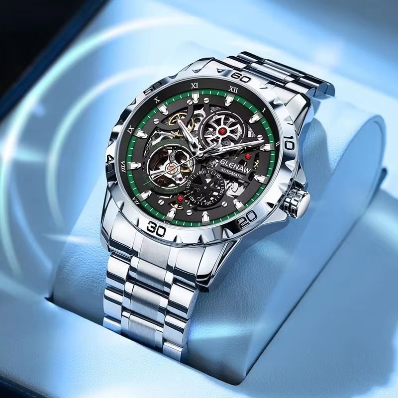 GLENAW Steampunk Skeleton Automatic Men's Watch – Luxury Mechanical Watch with Luminous Waterproof Design
