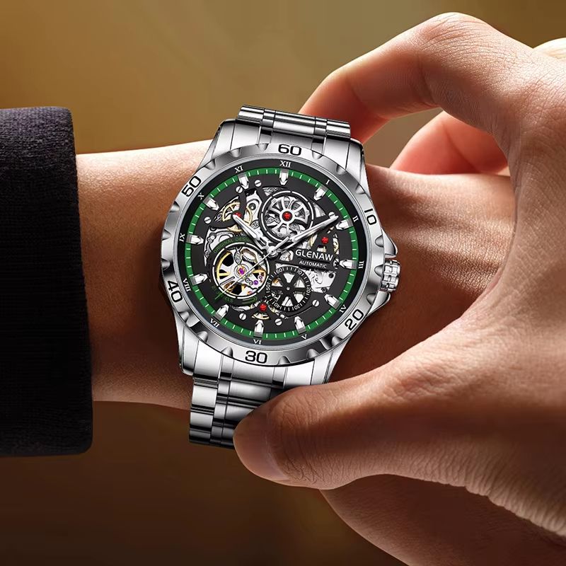GLENAW Steampunk Skeleton Automatic Mens Watch  Luxury Mechanical Watch With Luminous Waterproof De 1
