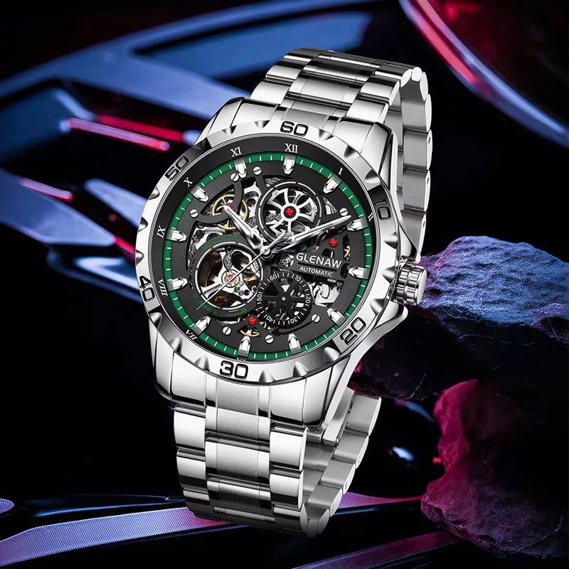 GLENAW Steampunk Skeleton Automatic Mens Watch  Luxury Mechanical Watch With Luminous Waterproof De 3