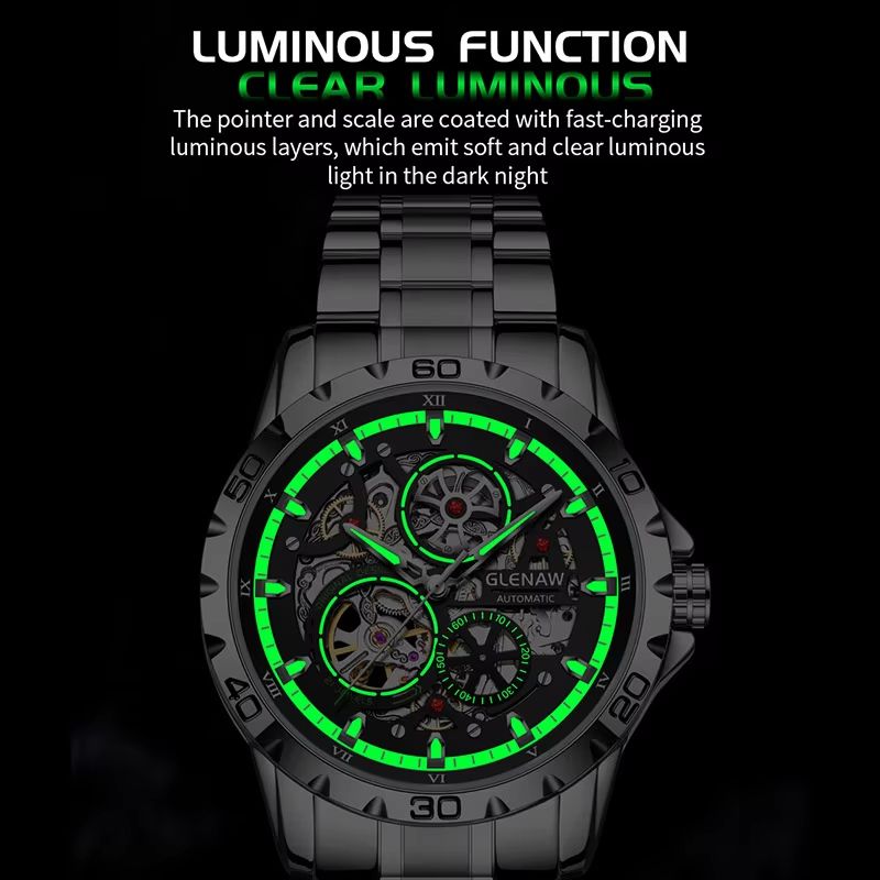 GLENAW Steampunk Skeleton Automatic Mens Watch  Luxury Mechanical Watch With Luminous Waterproof De 4