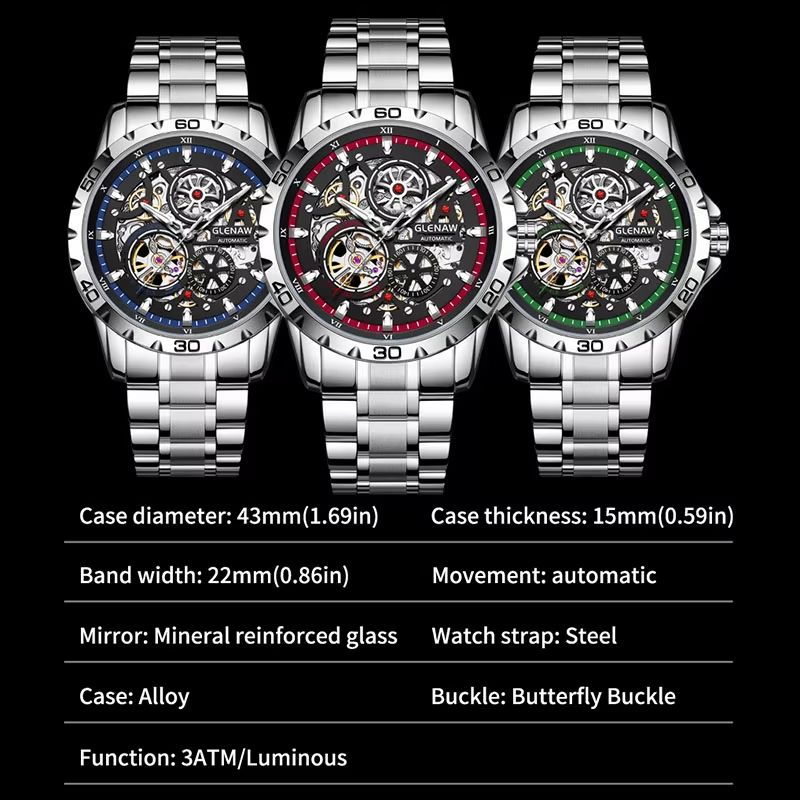 GLENAW Steampunk Skeleton Automatic Mens Watch  Luxury Mechanical Watch With Luminous Waterproof De 5