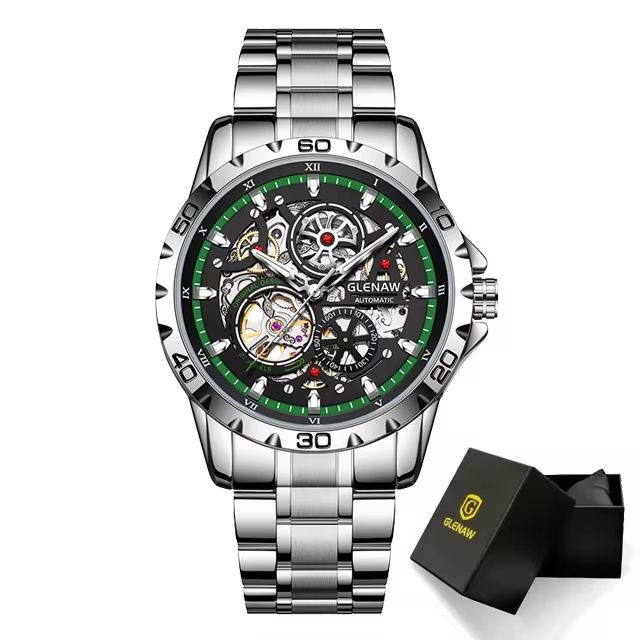 GLENAW Steampunk Skeleton Automatic Mens Watch  Luxury Mechanical Watch With Luminous Waterproof De 8