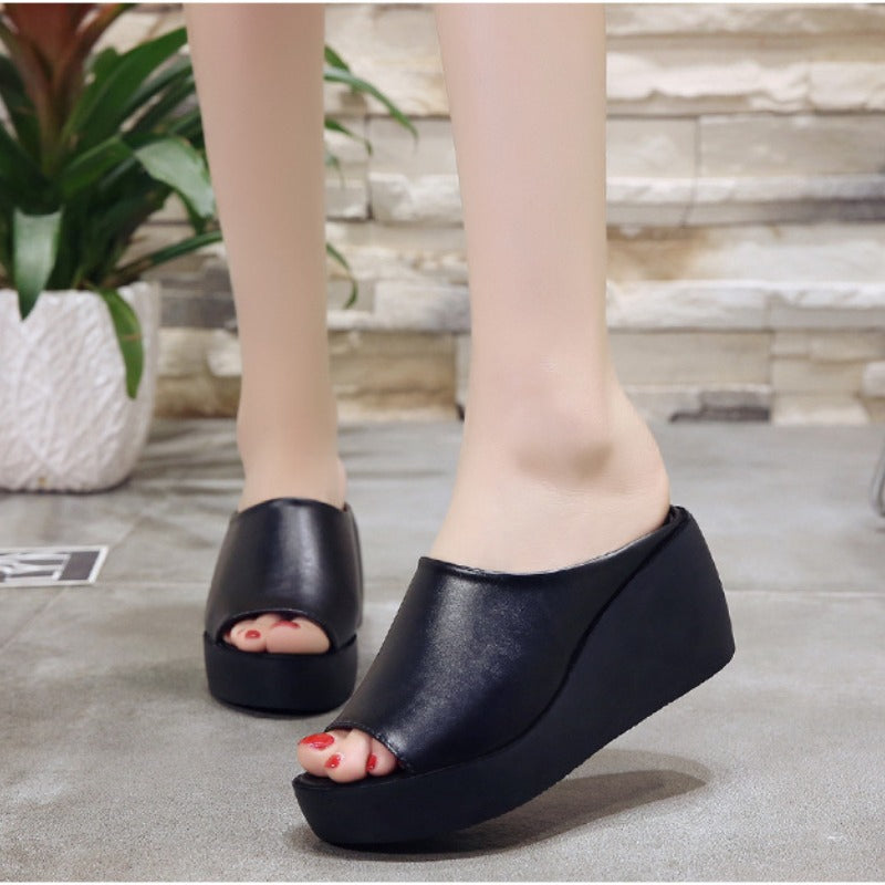 Womens Summer Platform Wedge Slippers Peep Toe Slides Ladies Casual Outdoor Solid Shoes