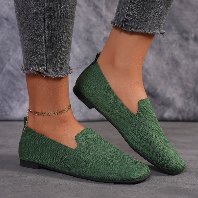 Womens Solid Color Square Toe Mesh Loafers Soft Bottom Knit Ballet Flats Shallow Slip On Casual Com 1