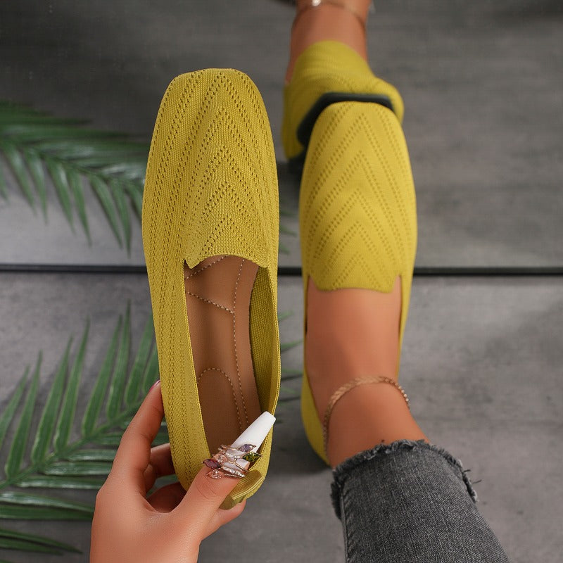 Womens Solid Color Square Toe Mesh Loafers Soft Bottom Knit Ballet Flats Shallow Slip On Casual Com 3