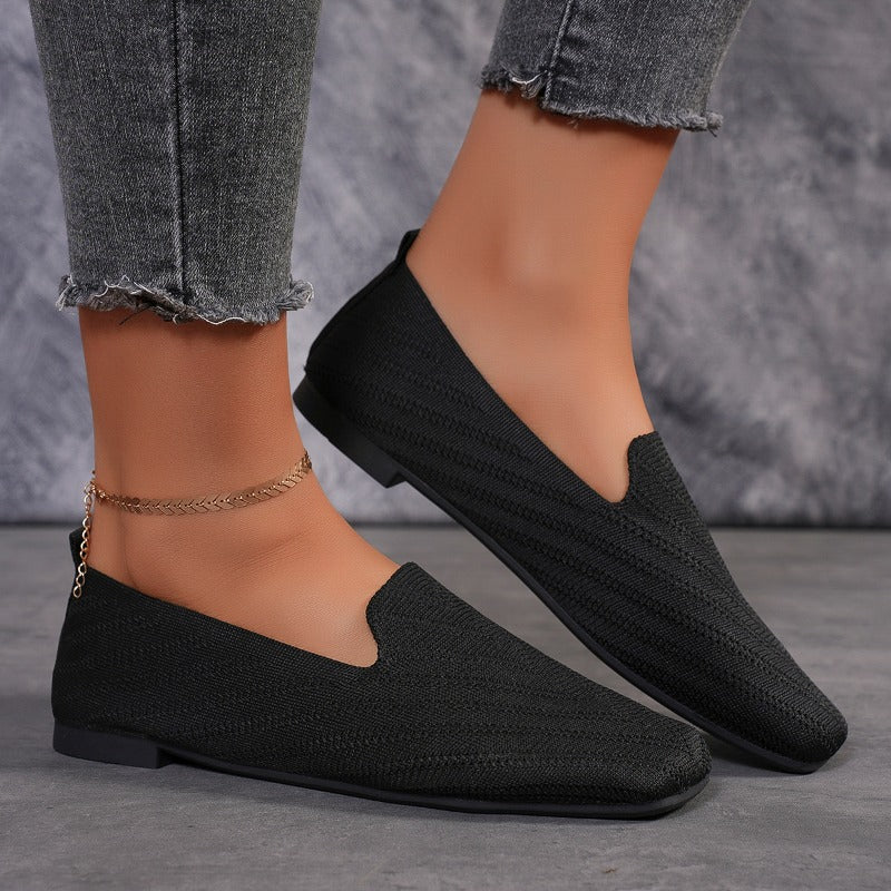 Womens Solid Color Square Toe Mesh Loafers Soft Bottom Knit Ballet Flats Shallow Slip On Casual Com 4