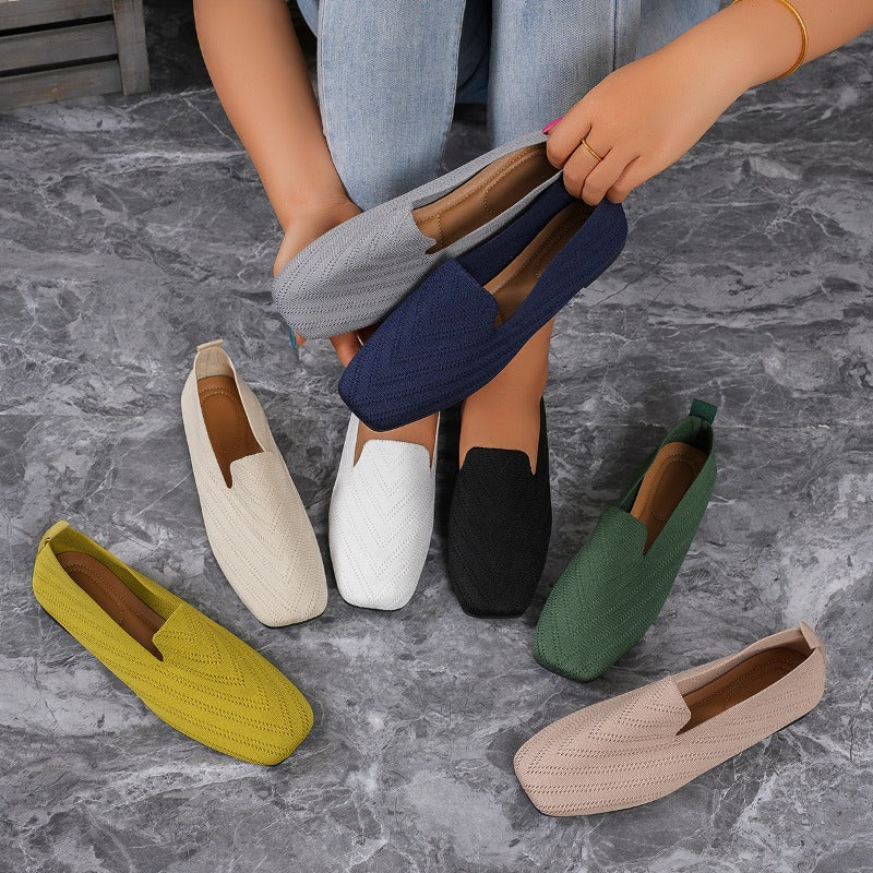 Womens Solid Color Square Toe Mesh Loafers Soft Bottom Knit Ballet Flats Shallow Slip On Casual Comfortable Flats Shoes