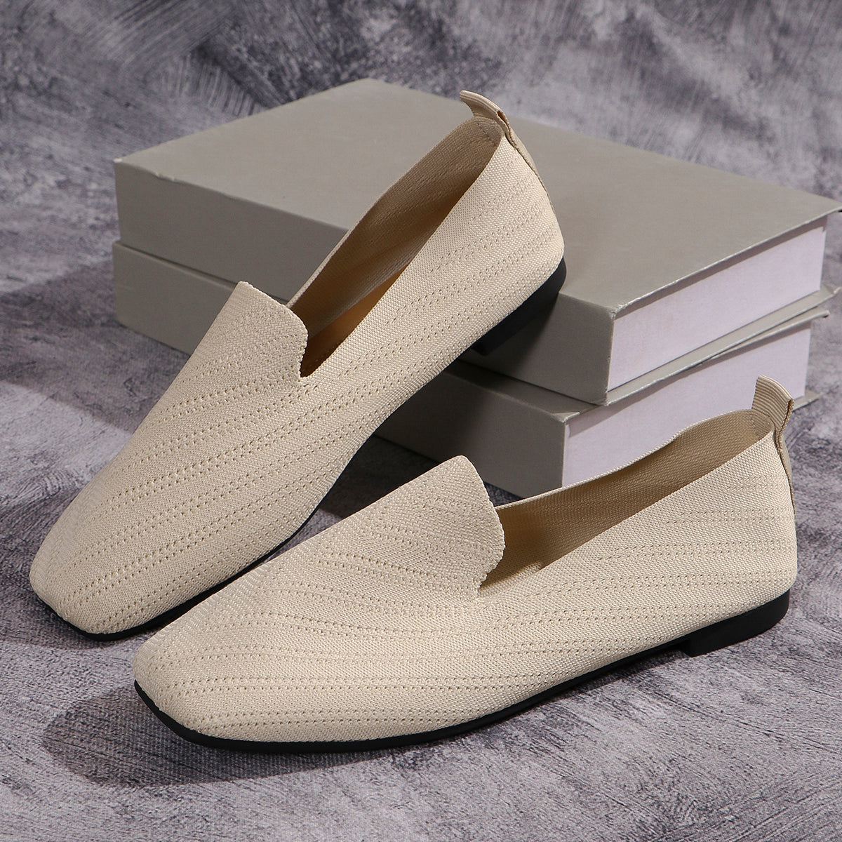 Womens Solid Color Square Toe Mesh Loafers Soft Bottom Knit Ballet Flats Shallow Slip On Casual Com 10