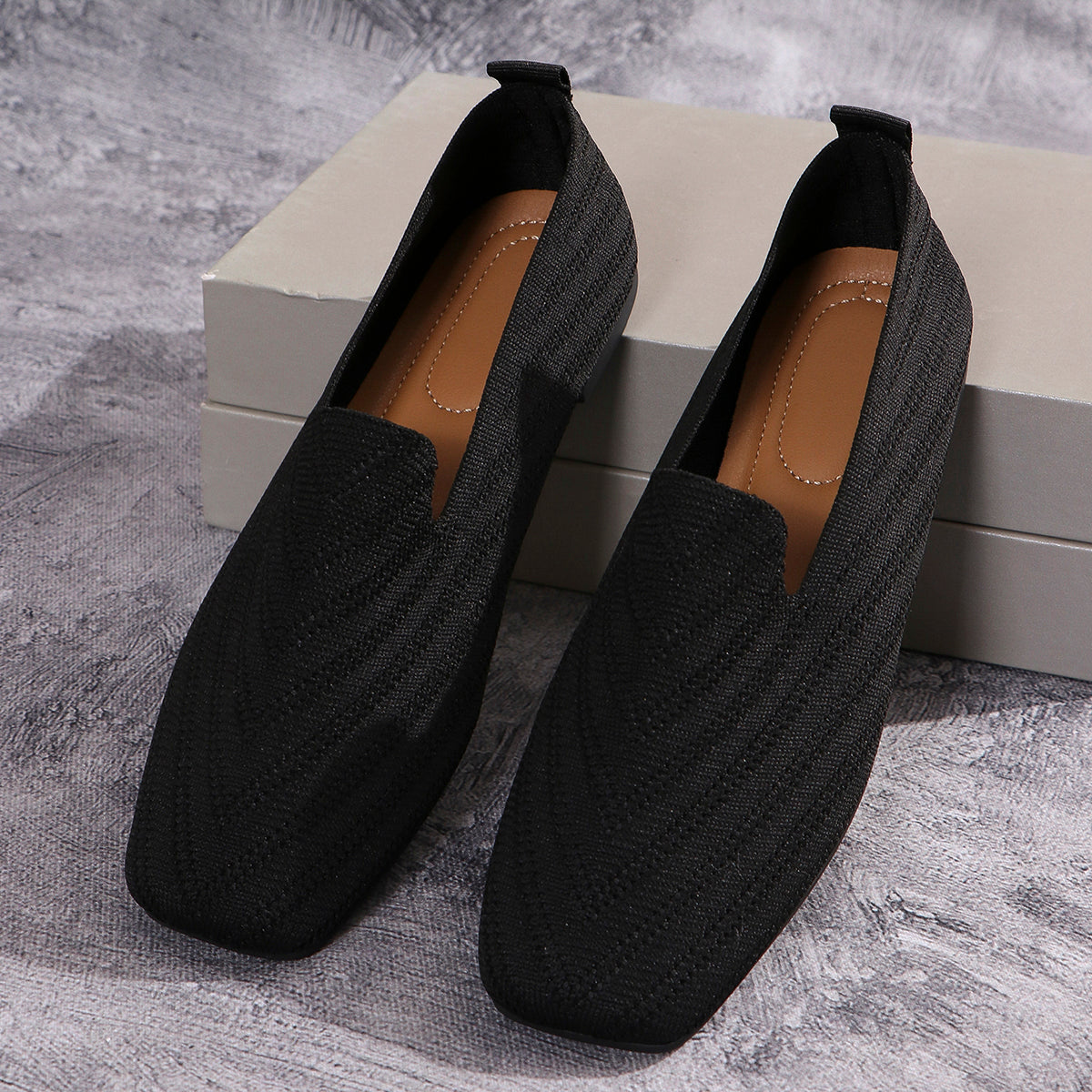 Womens Solid Color Square Toe Mesh Loafers Soft Bottom Knit Ballet Flats Shallow Slip On Casual Com 11