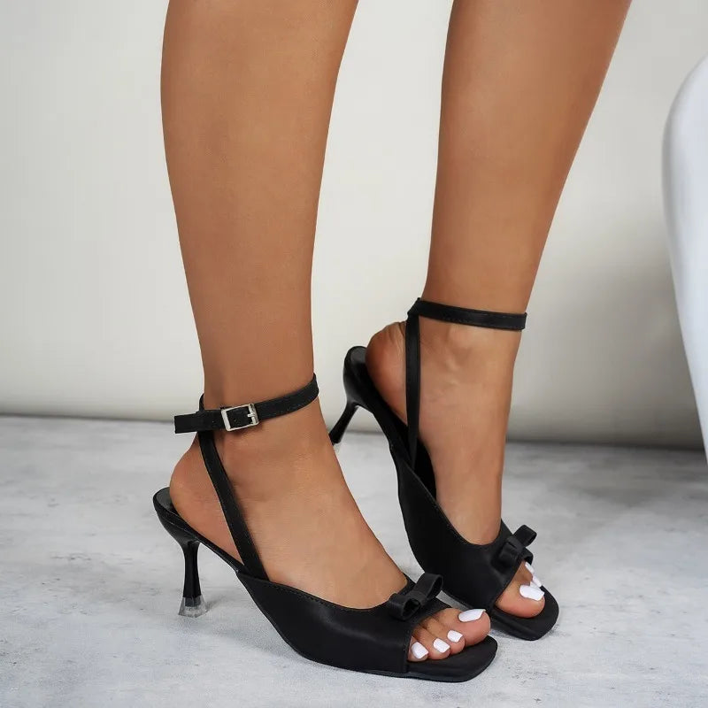 Luxury Pink Bow Slingback Stiletto High Heel Sandals, Sexy Fashion Womens Open Toe Ankle Buckle Dress Shoes