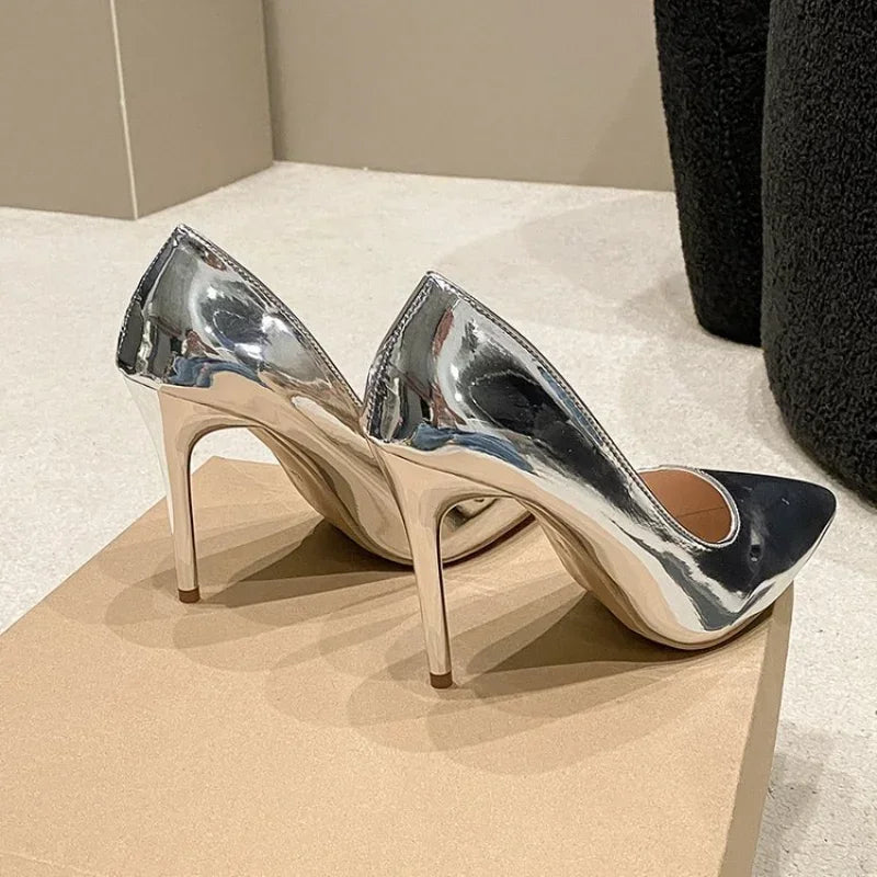 Womens Soft Leather Silver Gold High Heels Elegant Pointed Toe SlipOn Pumps For Office Party  Weddi 4