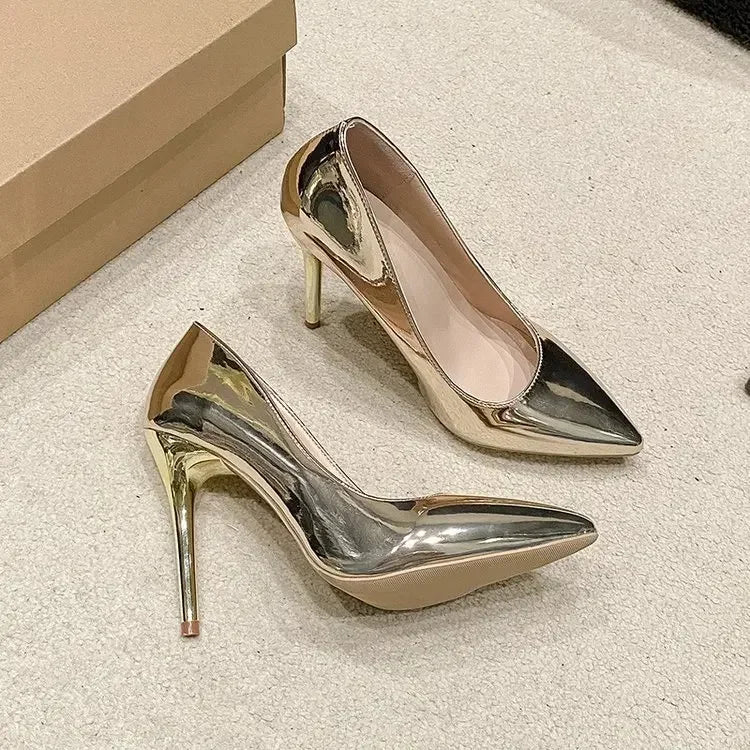 Womens Soft Leather Silver Gold High Heels Elegant Pointed Toe SlipOn Pumps For Office Party  Weddi 5