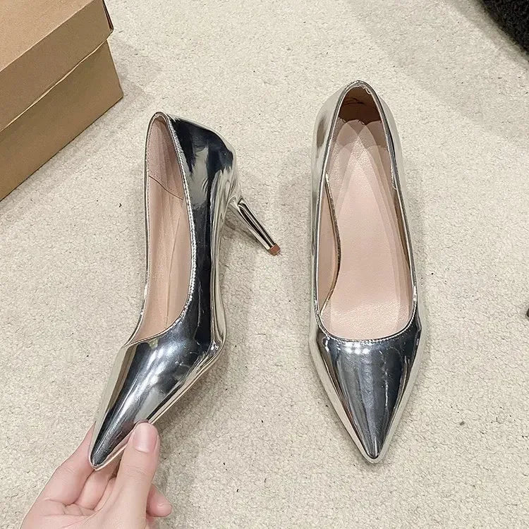 Womens Soft Leather Silver Gold High Heels Elegant Pointed Toe SlipOn Pumps For Office Party  Weddi 8