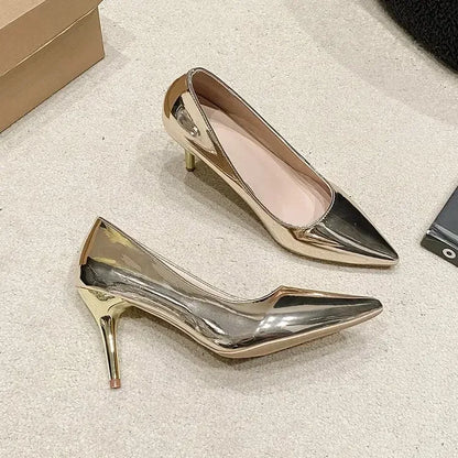 Womens Soft Leather Silver Gold High Heels Elegant Pointed Toe SlipOn Pumps For Office Party  Weddi 9
