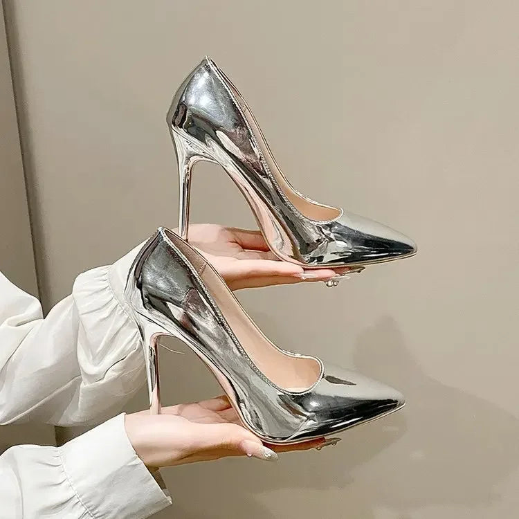 Womens Soft Leather Silver Gold High Heels Elegant Pointed Toe SlipOn Pumps For Office Party  Weddi 7