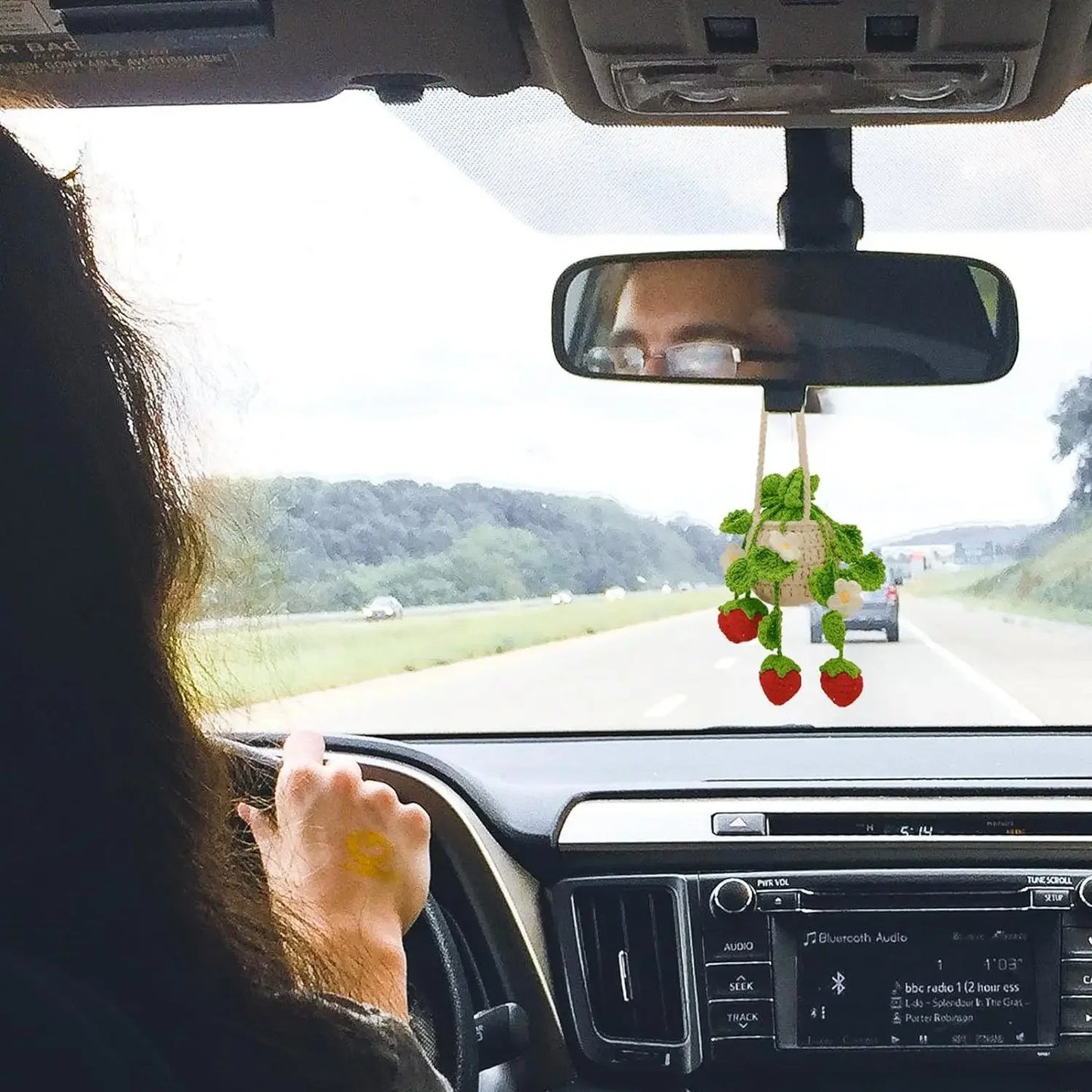 Handmade Car Decor Charm, Strawberry Plant Crochet Hanger for Rear View Mirror, Cute,Boho Car Ornament & Air Freshene