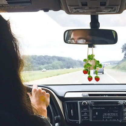 Handmade Car Decor Charm, Strawberry Plant Crochet Hanger for Rear View Mirror, Cute,Boho Car Ornament & Air Freshene