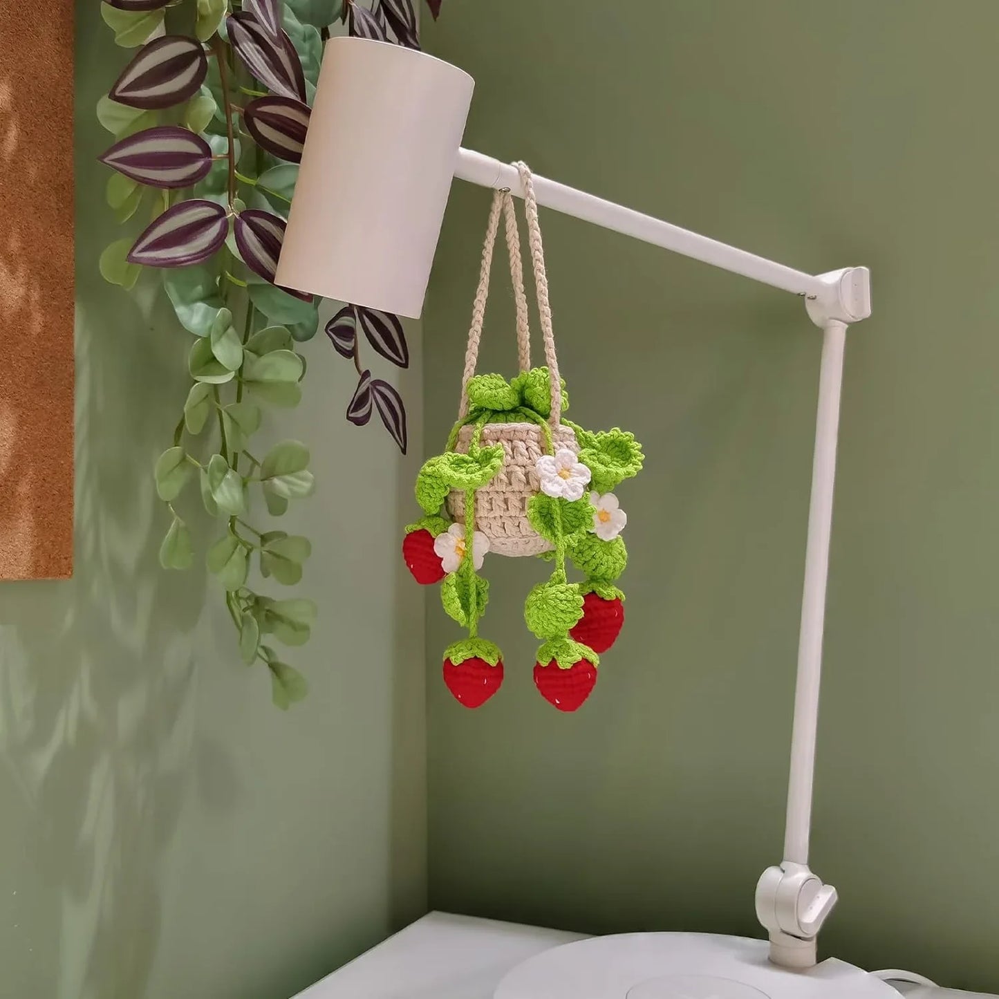 Handmade Car Decor Charm, Strawberry Plant Crochet Hanger for Rear View Mirror, Cute,Boho Car Ornament & Air Freshene