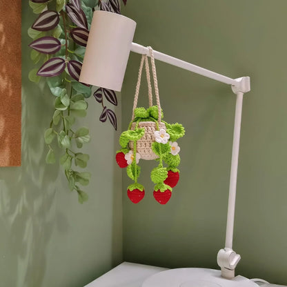 Handmade Car Decor Charm, Strawberry Plant Crochet Hanger for Rear View Mirror, Cute,Boho Car Ornament & Air Freshene