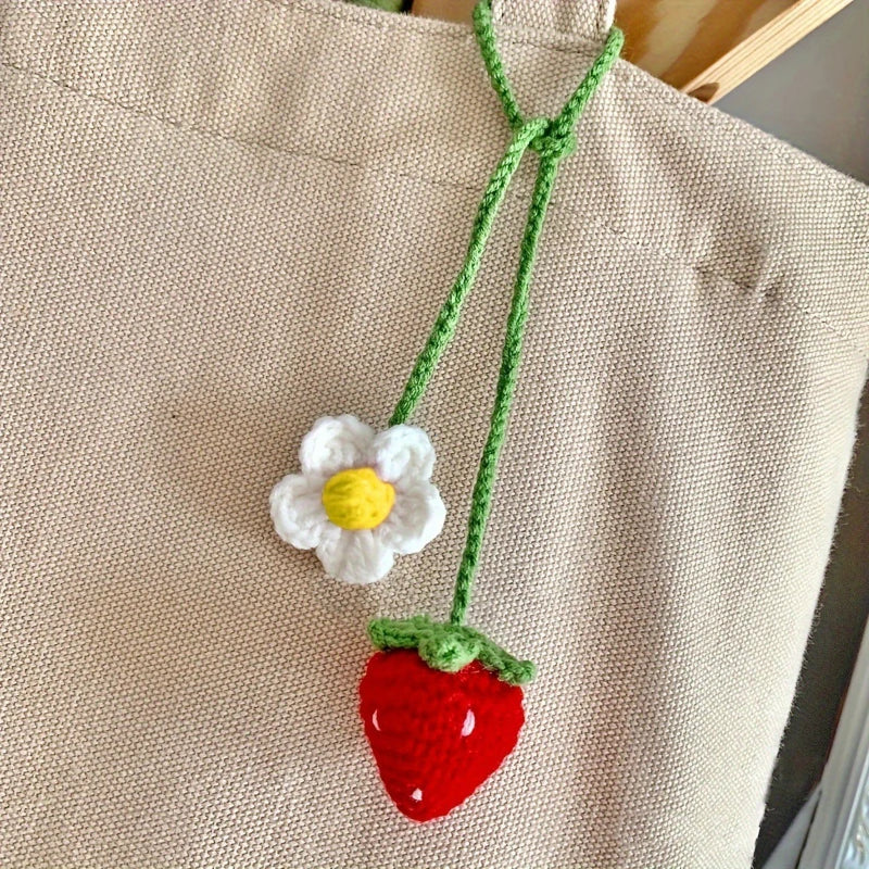 Handmade Car Decor Charm, Strawberry Plant Crochet Hanger for Rear View Mirror, Cute,Boho Car Ornament & Air Freshene