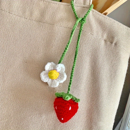 Handmade Car Decor Charm, Strawberry Plant Crochet Hanger for Rear View Mirror, Cute,Boho Car Ornament & Air Freshene