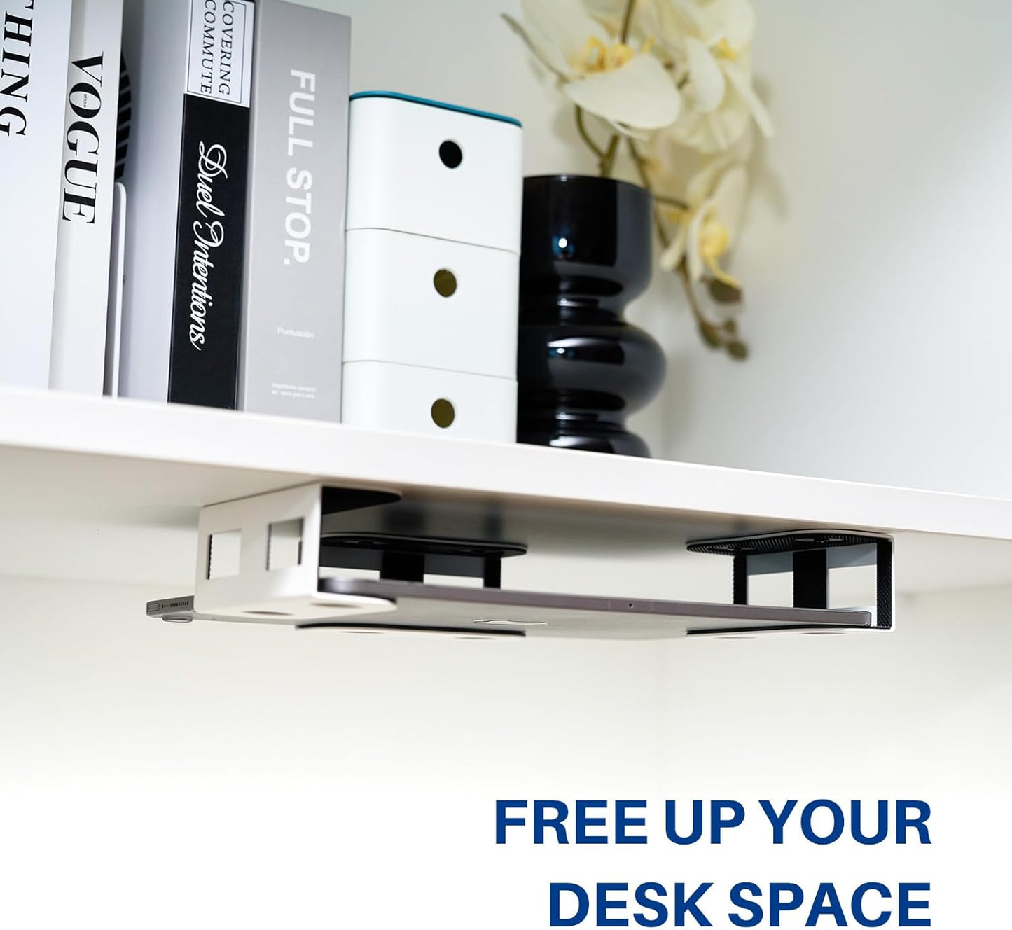 Under Desk Laptop Mount, Metal Shelf Holder for Macbook, Mac Mini, Keyboard with Anti-Scratch Silicone