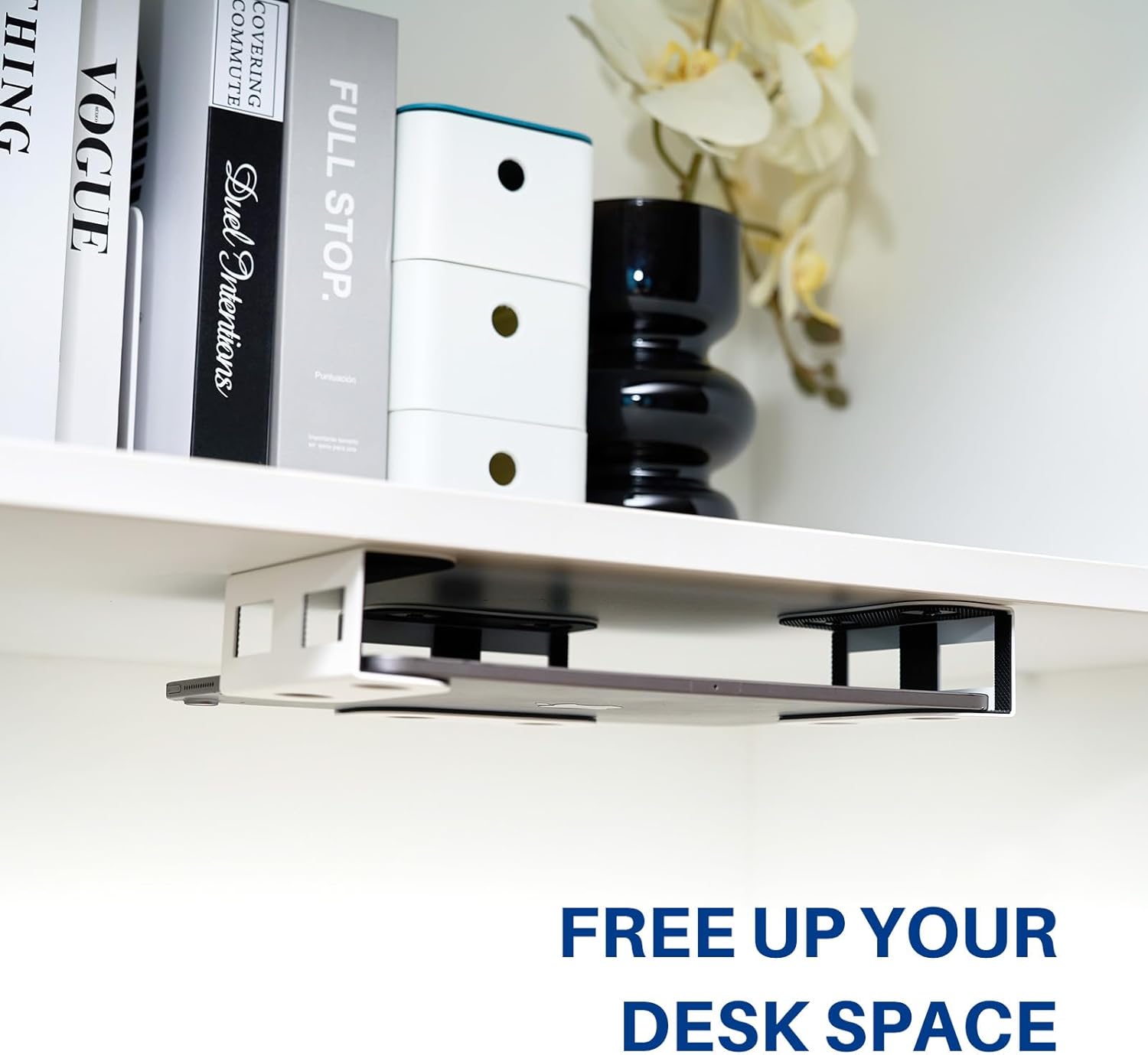 Under Desk Laptop Mount, Metal Shelf Holder for Macbook, Mac Mini, Keyboard with Anti-Scratch Silicone