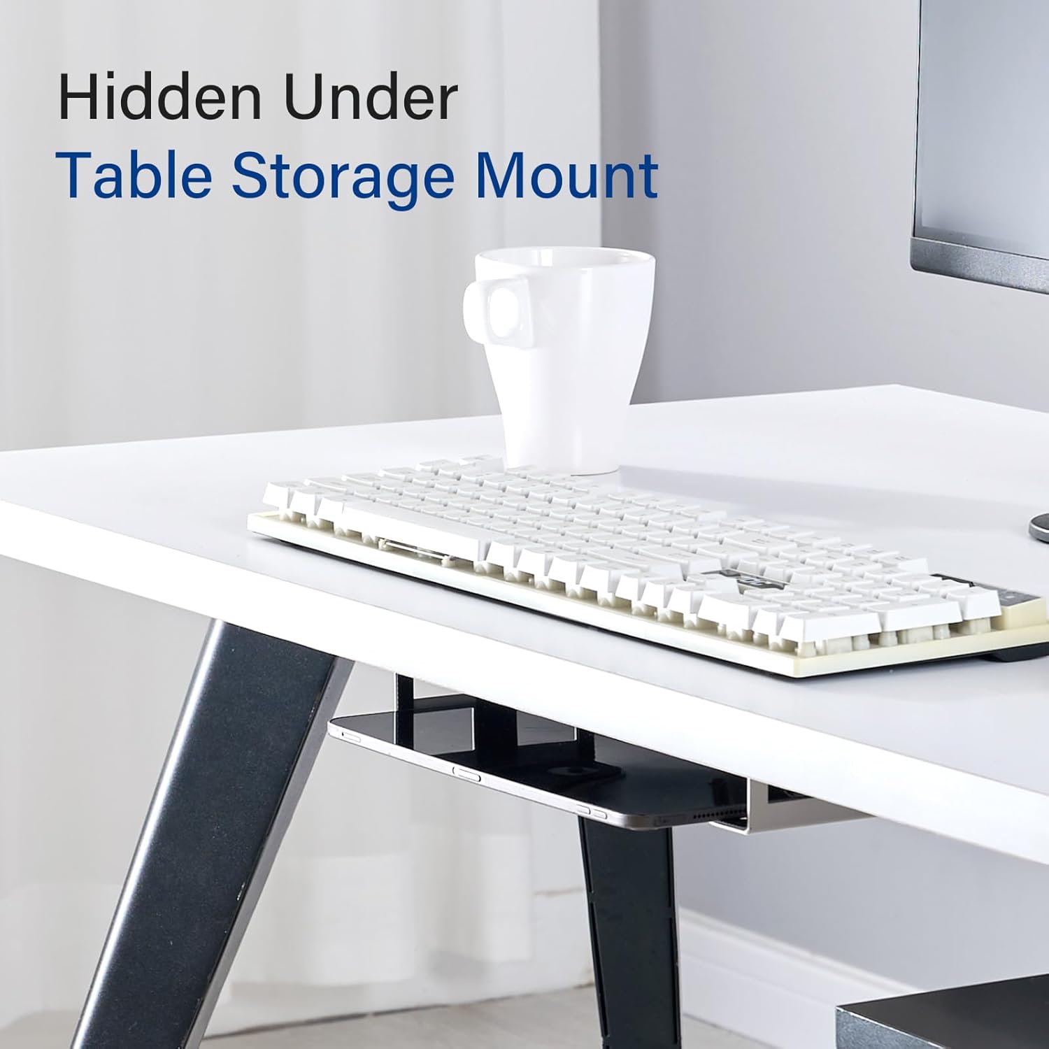 Under Desk Laptop Mount, Metal Shelf Holder for Macbook, Mac Mini, Keyboard with Anti-Scratch Silicone