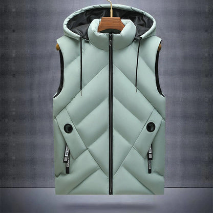 Men's Winter Down Vest, Waterproof, Hooded with Detachable Hat, Stand Up Collar Sleeveless Coat, Casual Waistcoat