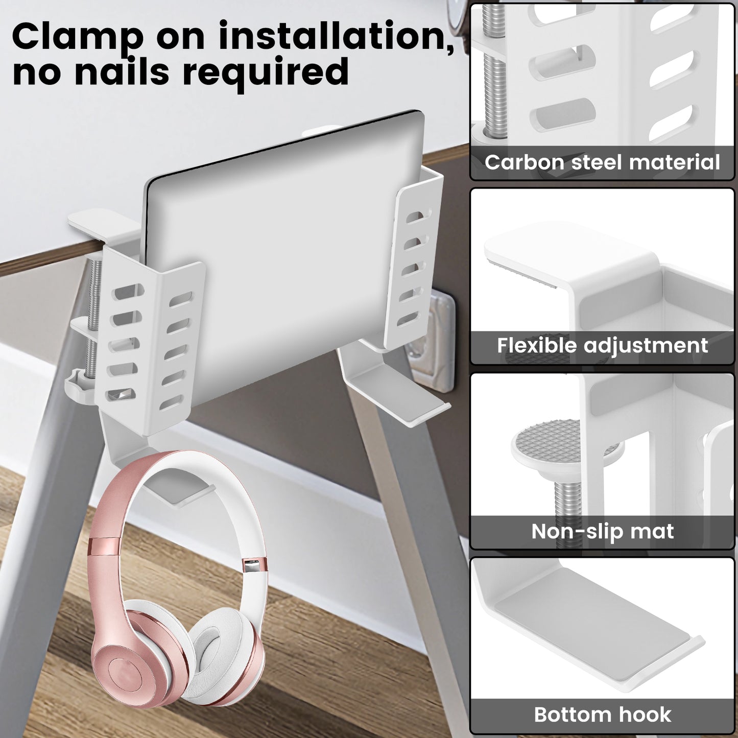 Desk Side Laptop Headphone Mount, 2Pcs Adjustable Hanging Laptop Holder, Space Saving Clamp on Desk for Home, Office