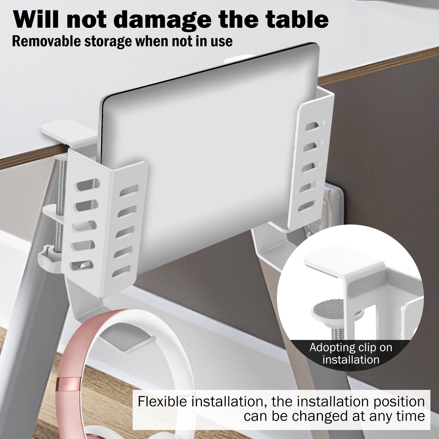 Desk Side Laptop Headphone Mount, 2Pcs Adjustable Hanging Laptop Holder, Space Saving Clamp on Desk for Home, Office
