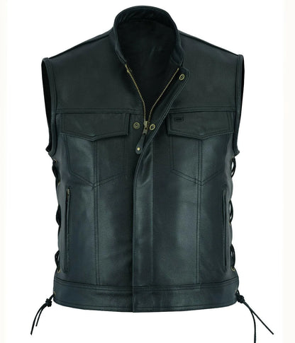 Mens Punk Fashion Leather Vest Motorcycle Biker Vest Solid Casual Coat For Men Fleet Style 1